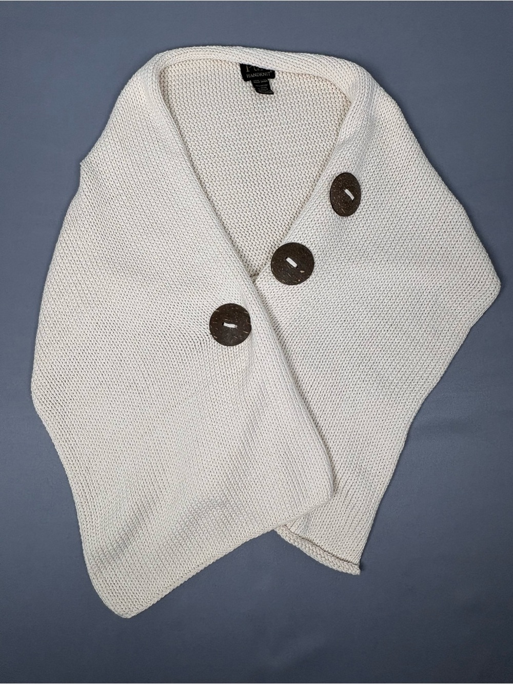 Pure Handknit 100% Cotton Ivory Button Shawl Wrap One Size
